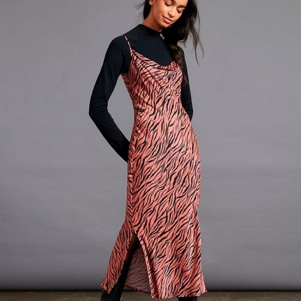 Anthropologie Elyse Bias Satin Silky Slip Dress Zebra Print Cowl Neck Midi XS